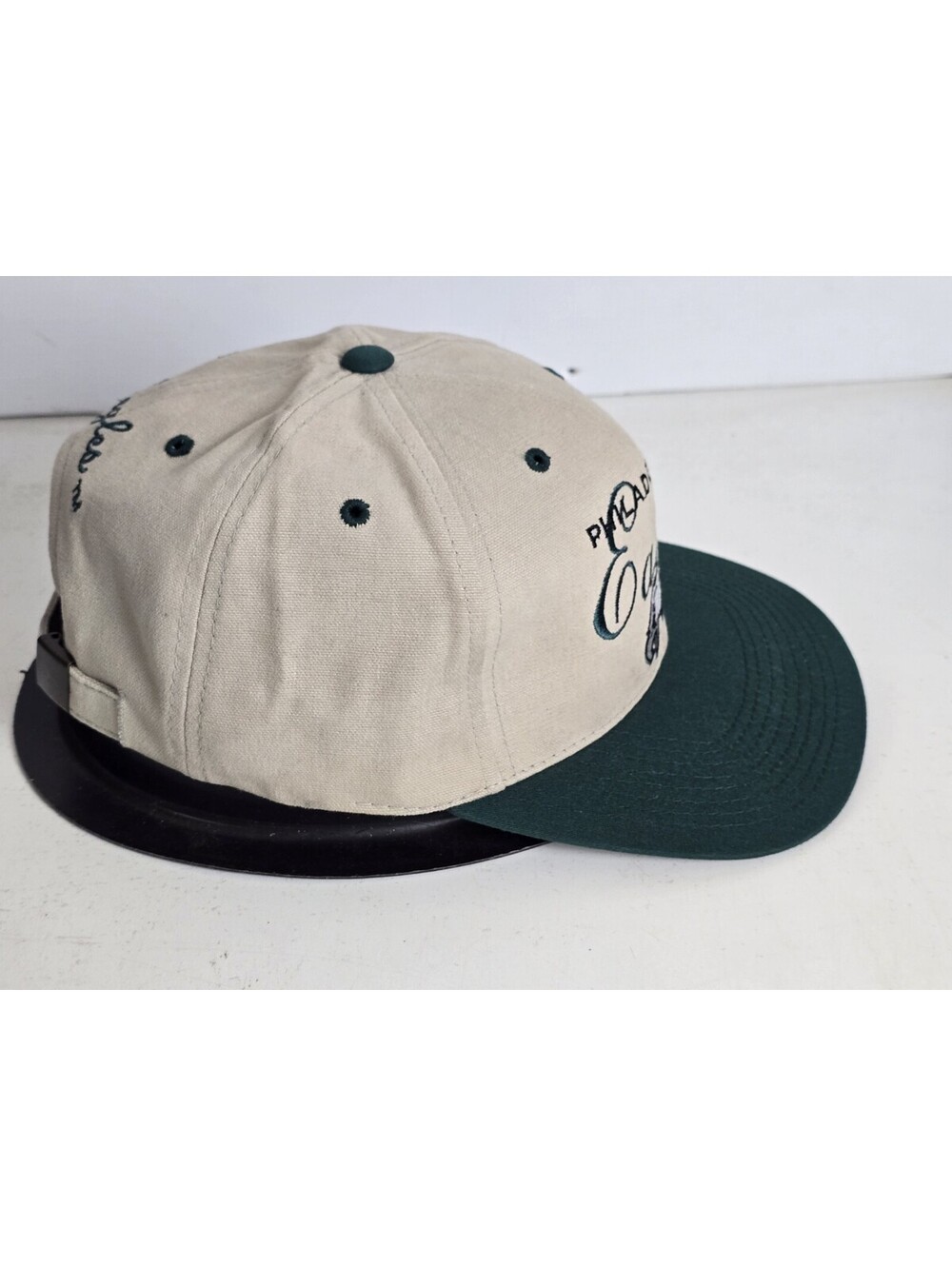 Vtg Philadelphia Eagles Strapback Hat Tan Black Drew Pearson Script NFL 90s New - Picture 5 of 7